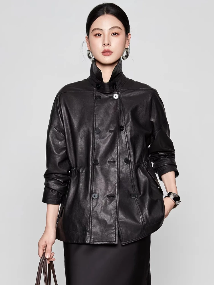 

Casual Genuine Leather Windbreaker Jackets for Women Spring Autumn 2026 New High-end Simple Soft Black Real Sheepskin Coat