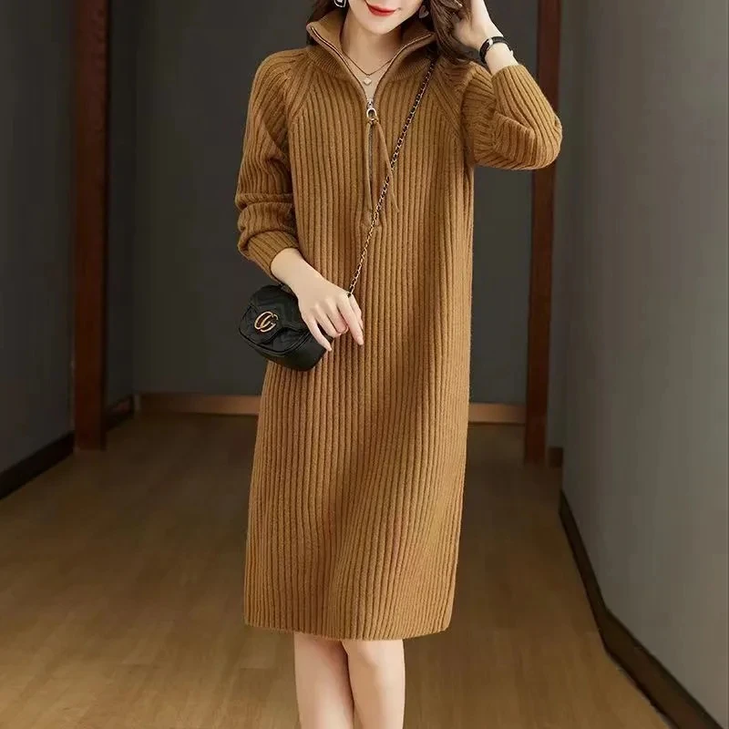 

2024 NEW Spring Autumn High End Knitted Dresses Women Stand Collar Half Zipper Long Sweater Female Slim Pullover Sweater Dresses