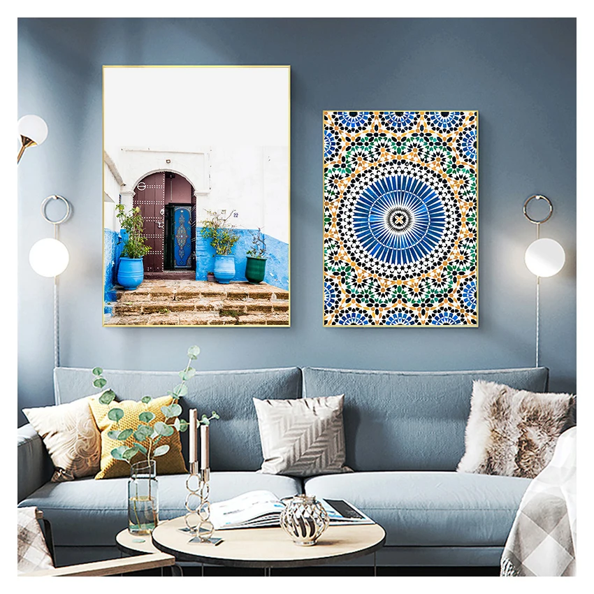 Morocco Building Wall Art Canvas Painting Religion School Wall Picture For Living Room Home Decor Mosque Blue Door Nordic Poster