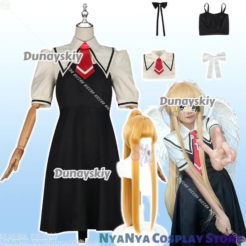 

Anime Costume Kamio Misuzu Cosplay Galgame AIR Kawaii JK Black Mini Dress Long Ponytail Wigs Bow Headwear Cute Lovely Halloween