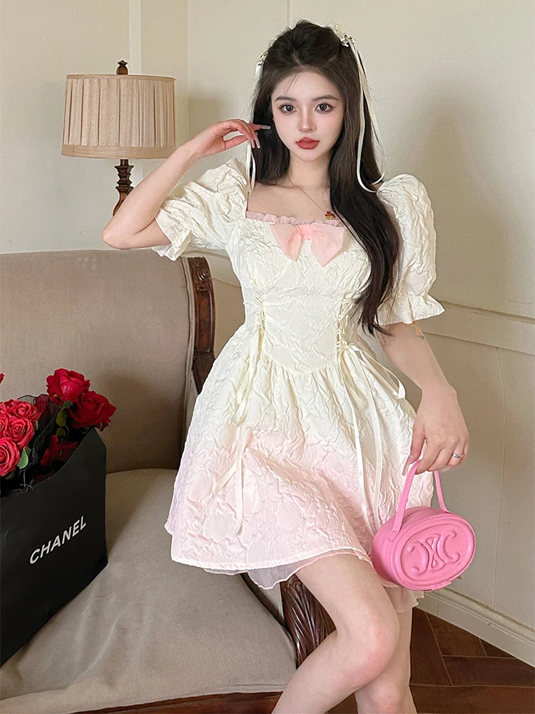 

Princ Sle Bubble Sve Square Ne Summer Dr plus Size Women High Waist Puffy Skirt Commute Korean Sle Knot