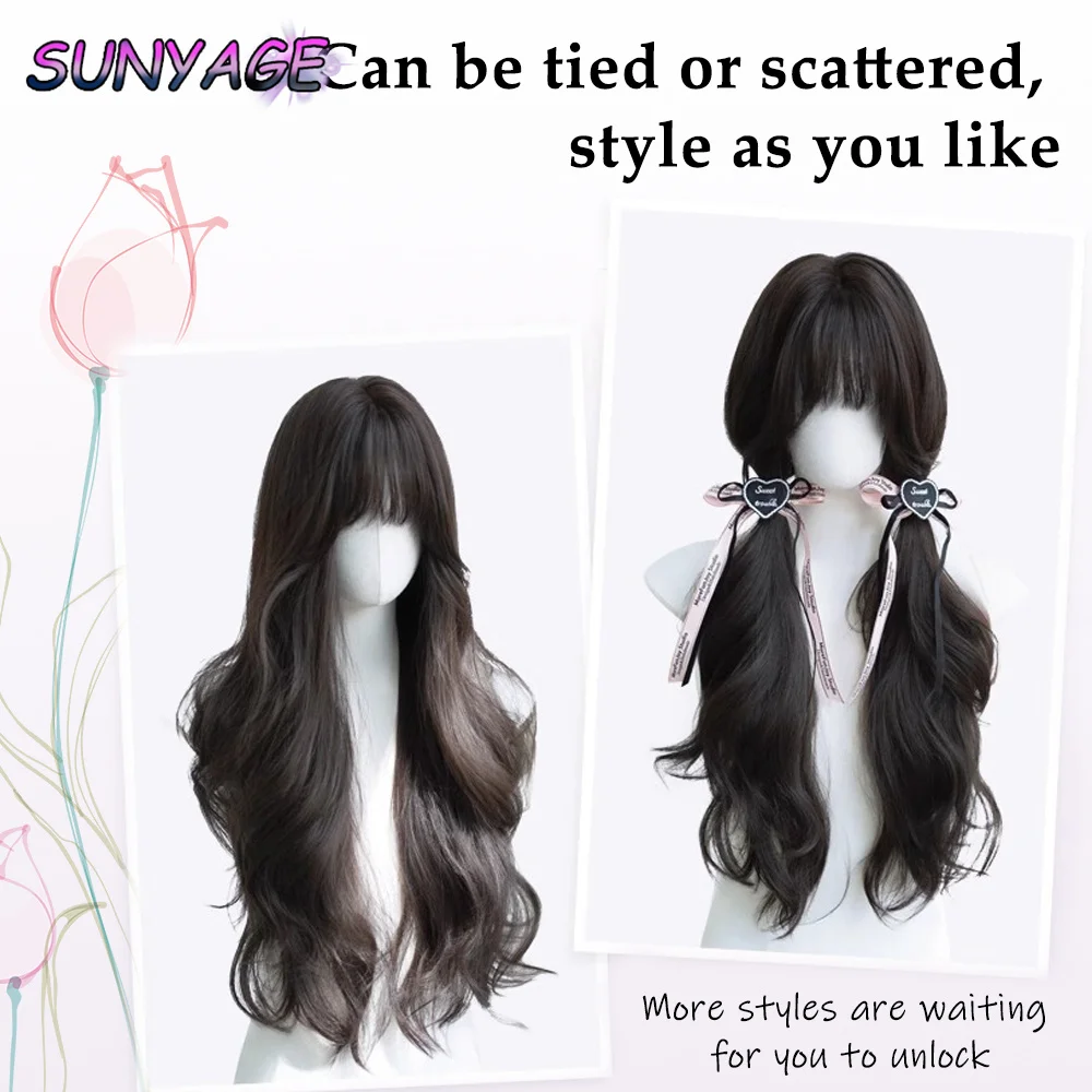 SUNYAGE wig sintetik panjang keriting, gelombang dengan hitam untuk wanita keren coklat harian Cosplay rambut palsu tahan panas