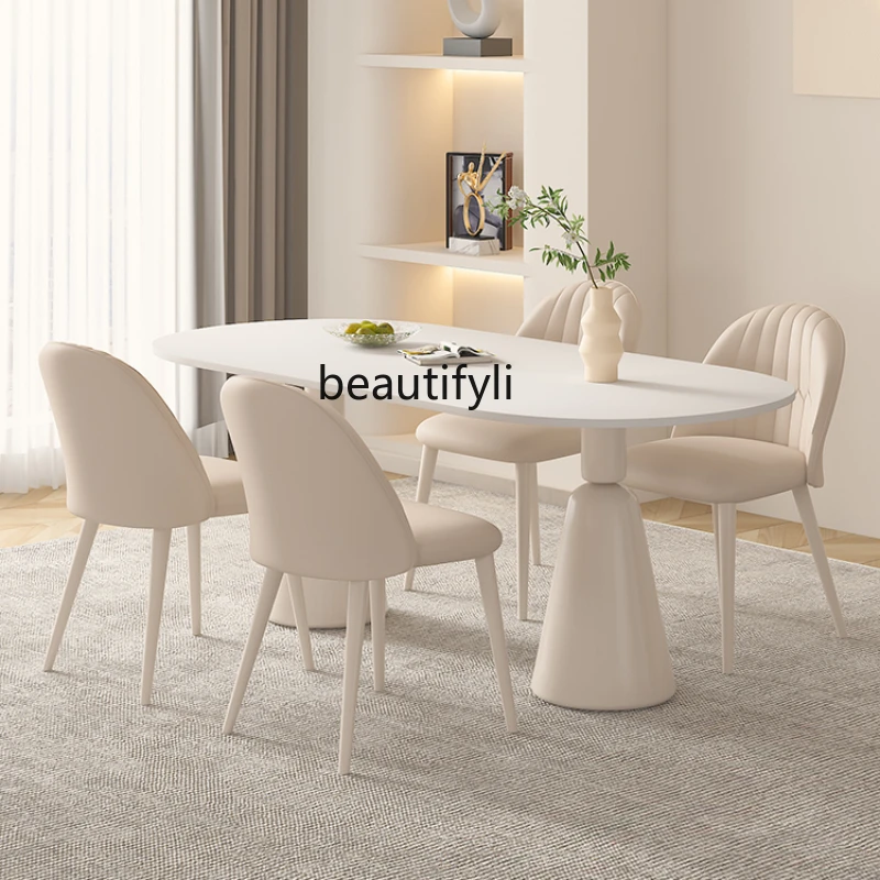 

Oval Stone Plate Dining Table Household Light Luxury Modern Simple Cream Style Table and Chair