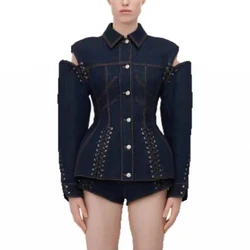 Women's off-the-shoulder lace-up trim waist denim jacket jacket, fashion all-in-one wash top, high quality, fall, new 2024.y2k