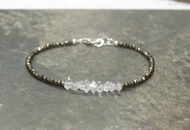 Herkimer Diamond & Pyrite Bracelet, Quartz Crystal Jewelry, Beaded Pyrite Bracelet, Herkimer Diamond Jewelry