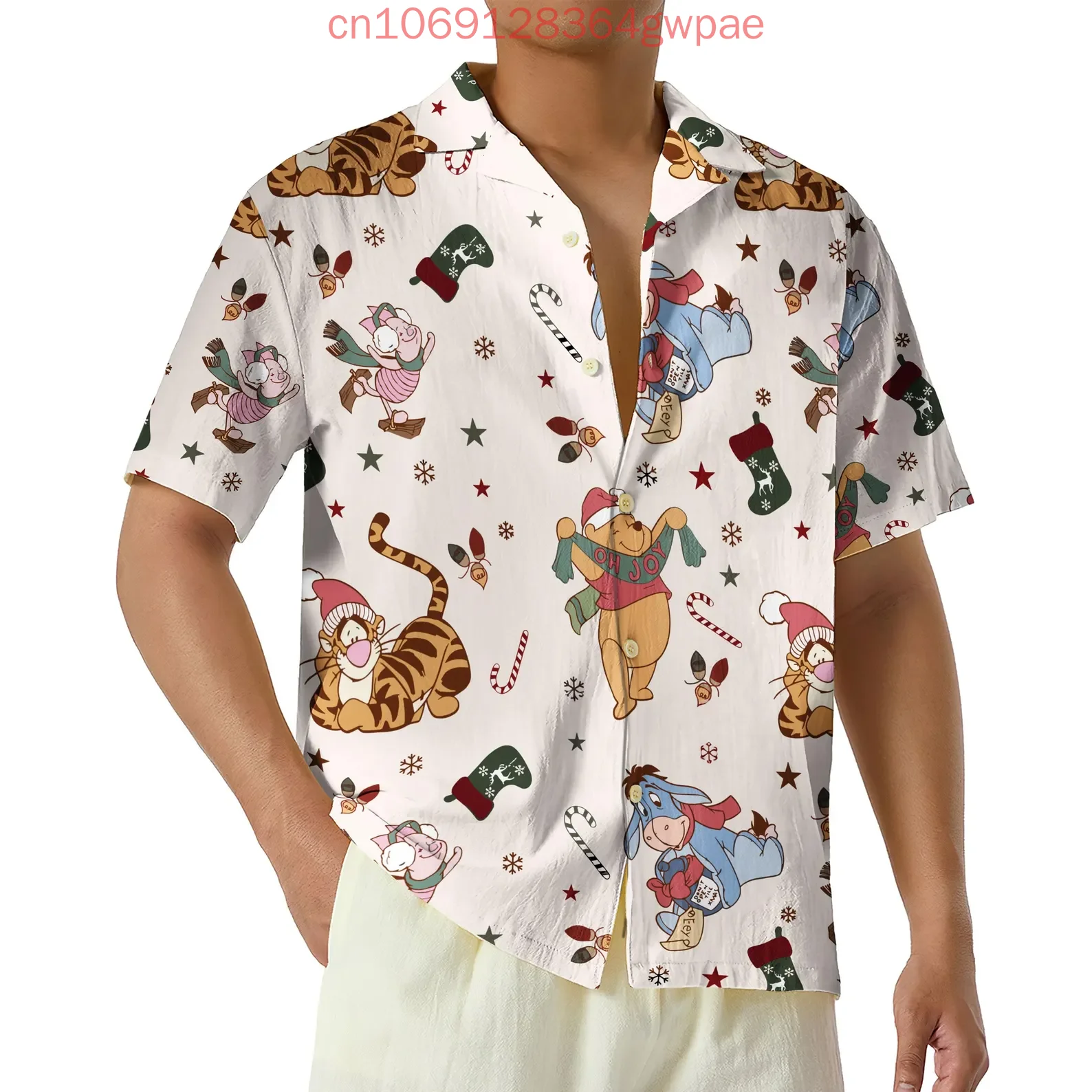 Disney Winnie The Pooh Christmas Hawaiian Shirt Men's Women's Casual Short Sleeved Shirt Kids Button Up Beach Shirt