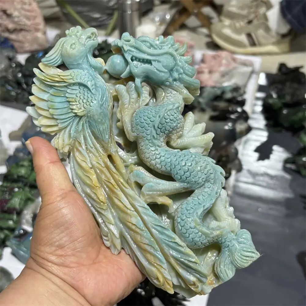 1PCS Natural Stone Amazonite Dragon And Phoenix Carving - Polished Reiki Healing Feng Shui High-Quality Energy Room Decor Gift