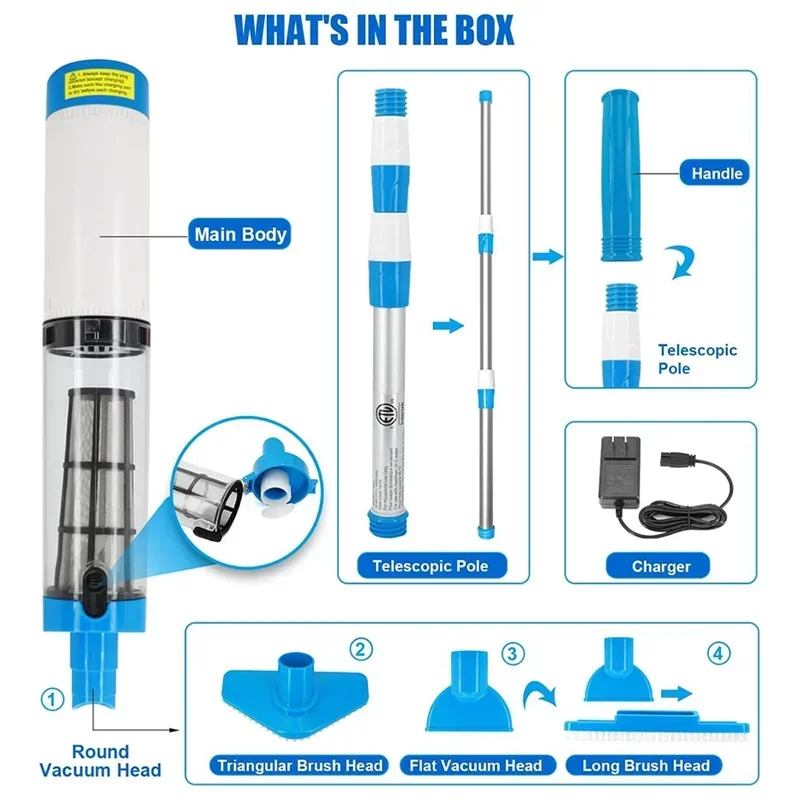 เครื่องดูดฝุ่นสระว่ายน้ำไร้สาย 3-in-1 แบบมือถือ ชาร์จซ้ำได้ ใช้งานได้นานกว่า 100 นาที สำหรับทำความสะอาดสระว่ายน้ำและสปาที่บ้าน