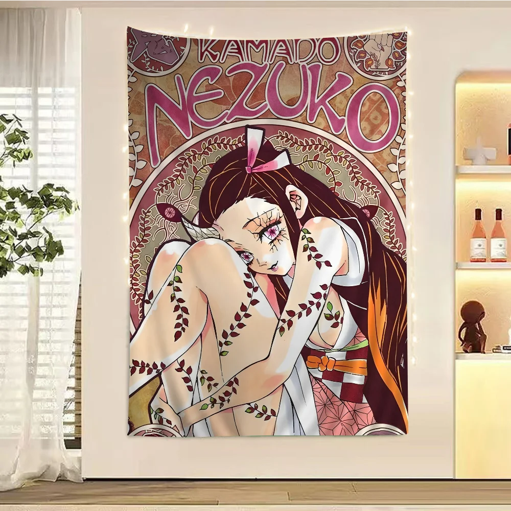 

Demon Slayer Nezuko Kamado Anime Tapestry Hippie Flower Wall Carpets Dorm Decor Cheap Hippie Wall Hanging