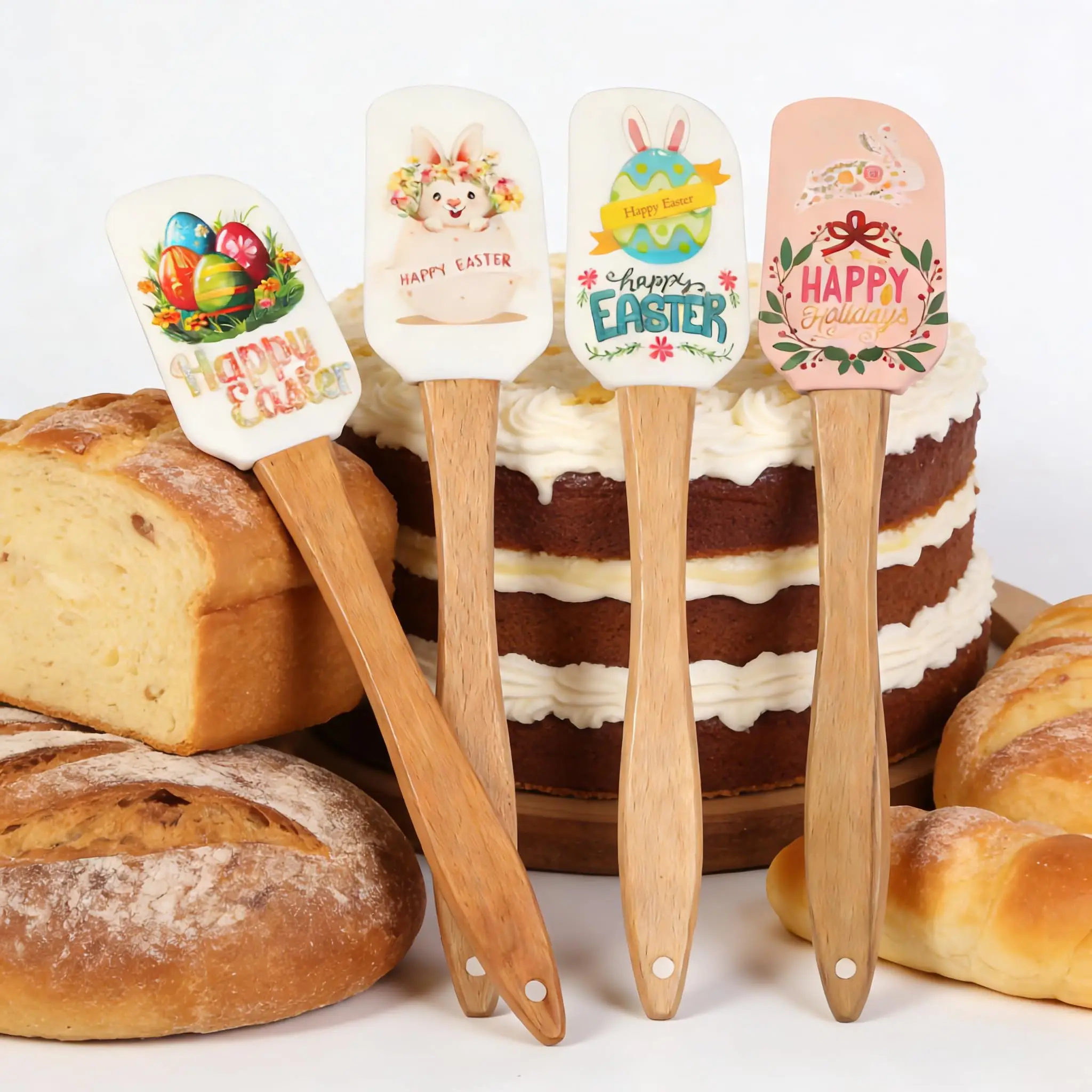 

IK Easter Silicone Spatula 4PCS Wooden Handle Heat Resistant Non-Stick Kitchen Utensils Cooking Turner Cake Scraper Mixing Spoon