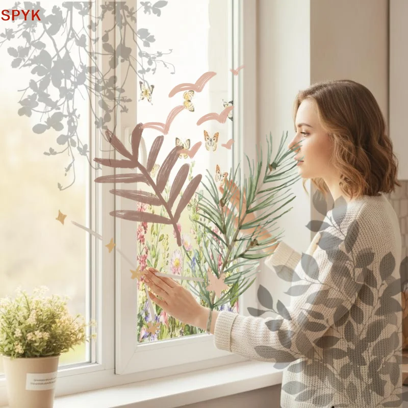 1/2Sheets Removable Static Cling Wildflower Butterfly Window Decor Floral Window Privacy Sticker For Glass Door Bedroom Bathroo
