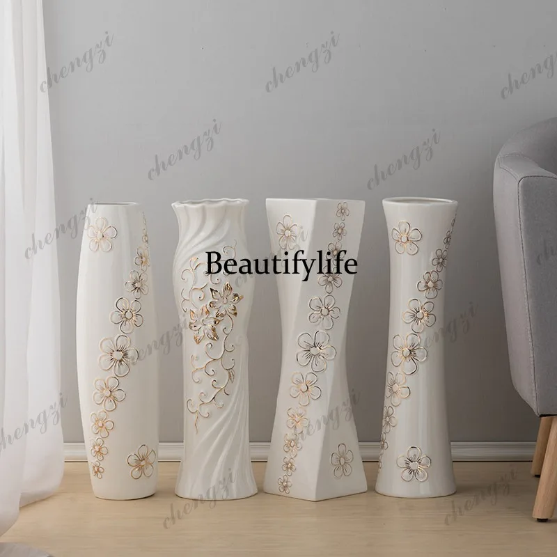 A95 white gold-painted ceramic vase large, floor-to-ceiling simple modern creative ornament living room