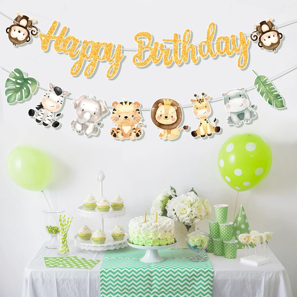 Jungle Animal Happy Birthday Garland Banner Safari Party Supplies 1st Birthday Party Decorations Kids Wild One Baby Shower Decor