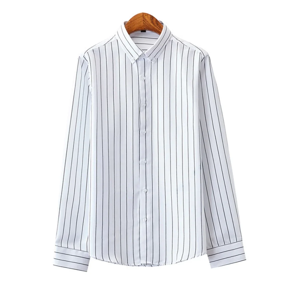 

Fashion Men's Casual Striped Shirts Long Sleeve Band Collar Button Down Formal Shirt Dress Up Business Shirt And Blouses