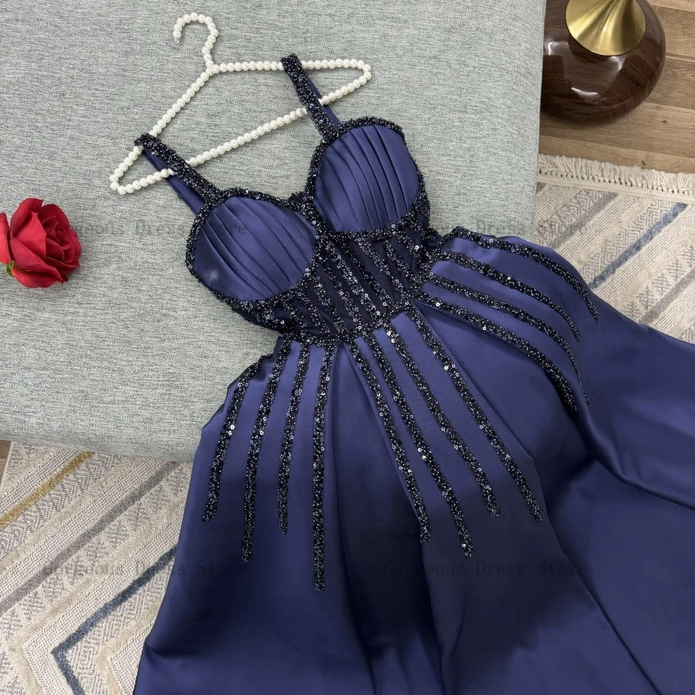 Elegant Navy Blue Evening Dresses Sweetheart Neck Sleeveless Prom Gowns Beadings Floor Length Party Dress Satin فساتين السهرة