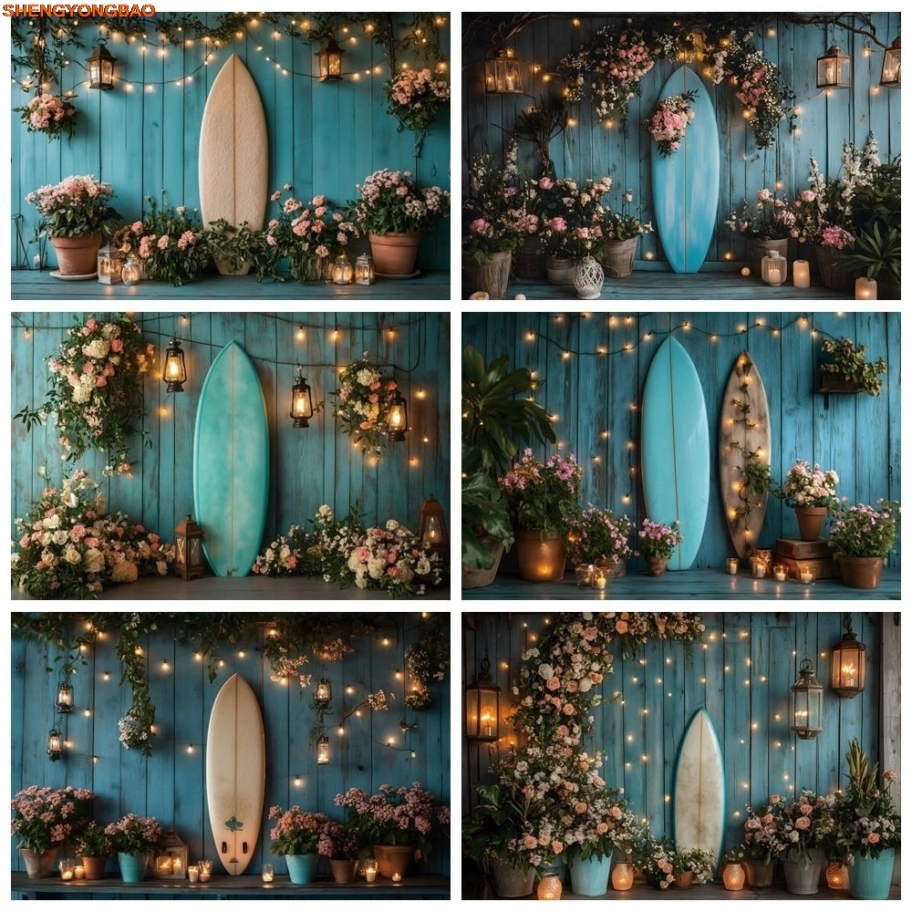 

Summer Flowers Surfboard Backdrop Baby Shower Kids Birthday Party Wedding Hawaiian Party Photography Background Photo Studio
