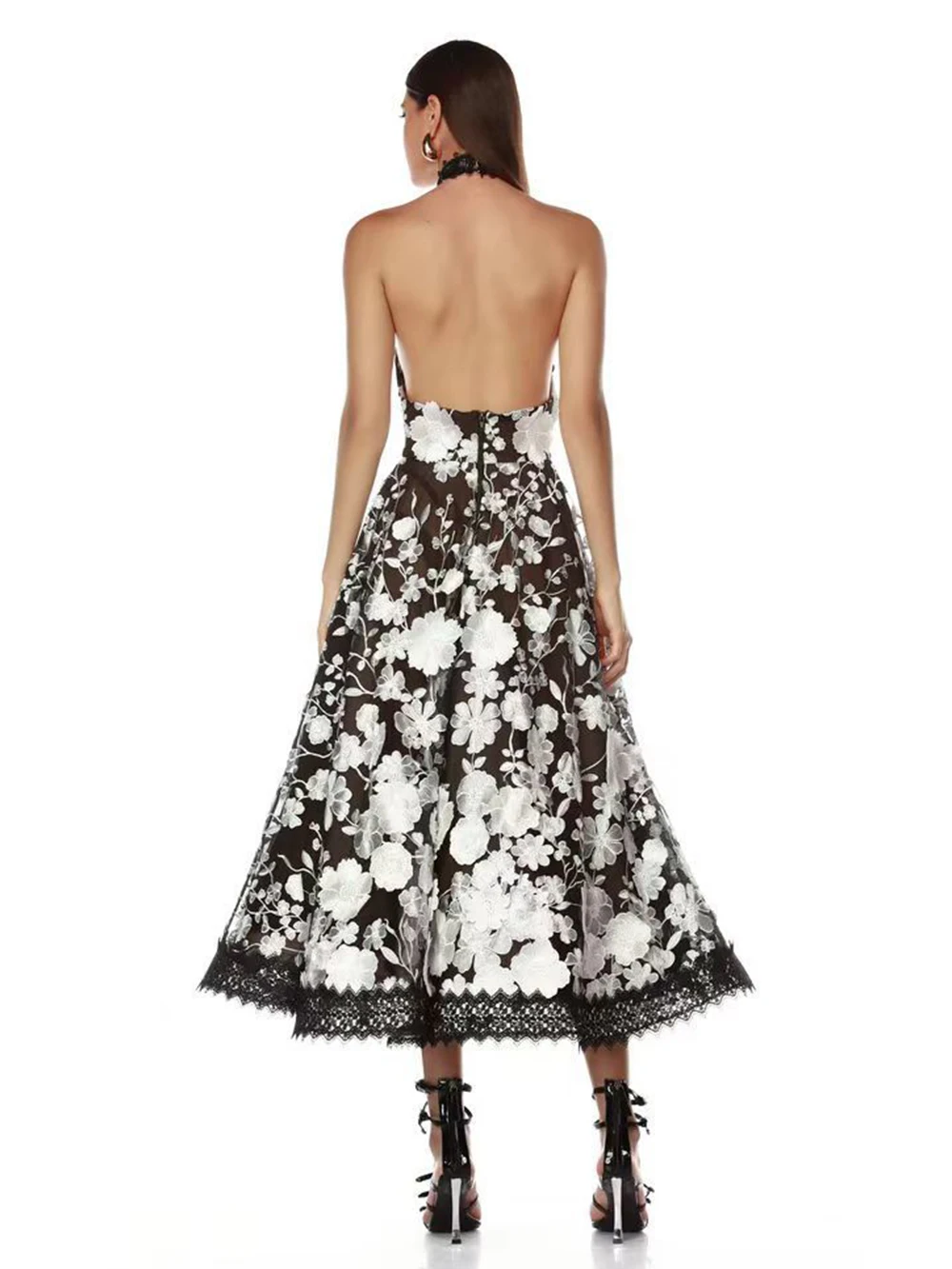 Modphy 2025 Nuovo fiore ricamato Halter Abito lungo da donna Sexy senza maniche Backless a vita alta A-Line Party Dress