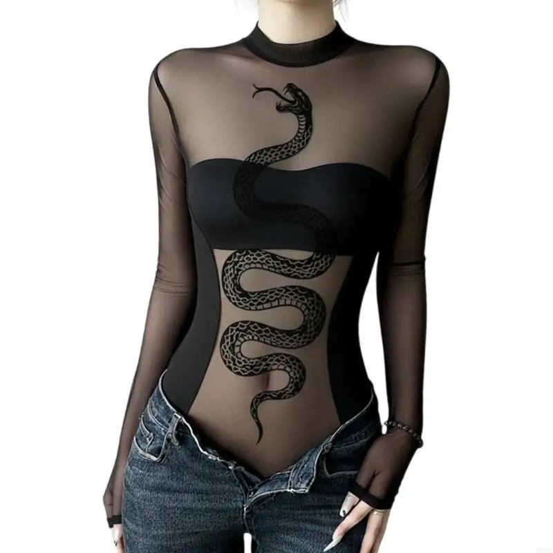

39BC Stretchy Sheer Bodysuit Snake Pattern Mesh Jumpsuit Women Nightclub Clothing