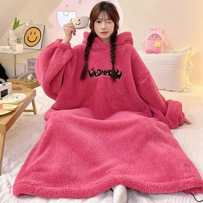 

CyGirl's Winter Rose Red Nightgown Coral Fleece And Thick Flannel Lazy Robe Hood Loose Nightgown Night Pajamas Girl's Bathrobe