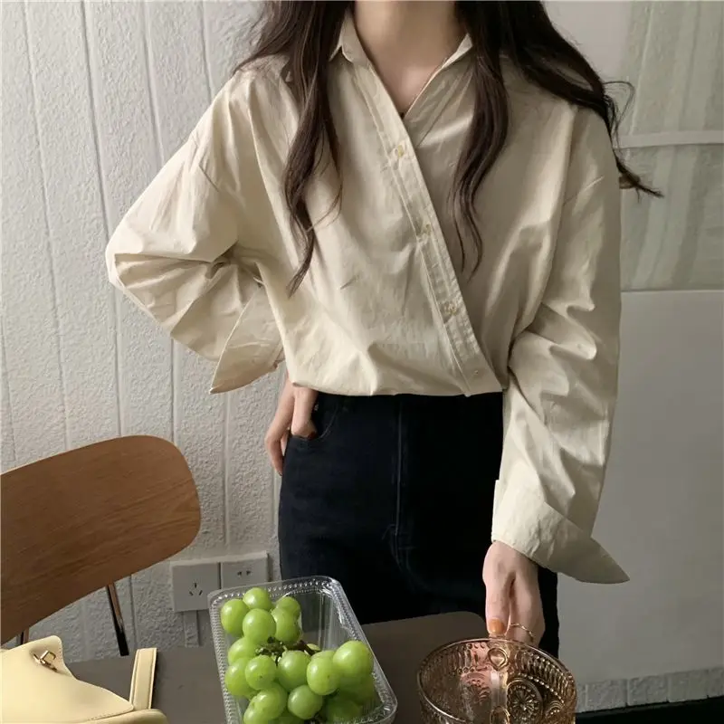 Chic Slanted Single Breasted Shirt 2024 Women Korean Fashion Lapel OL Shirt Versatile Solid Color Long Sleeve Shirt