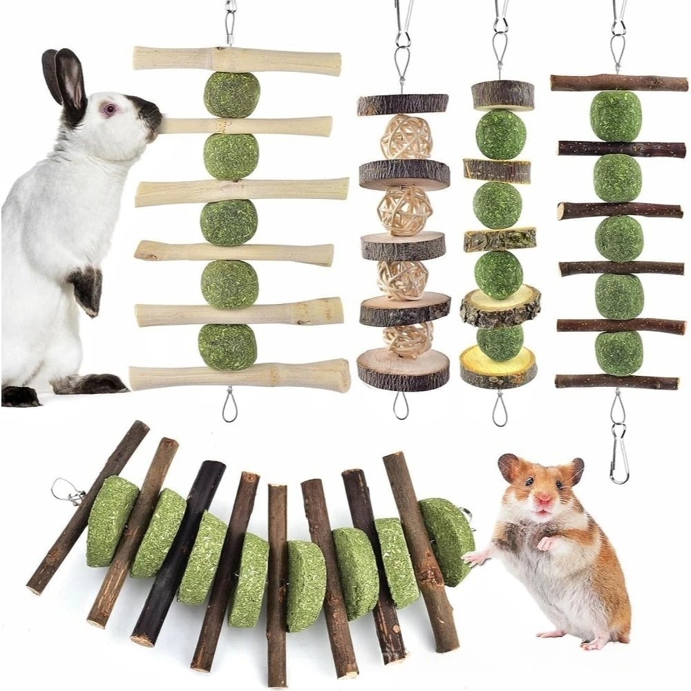 

Natural Rabbit Chew Toys Timothy Hay & Apple Wood Bunny Teeth Grinding Toys Small Pets Chew Supplies