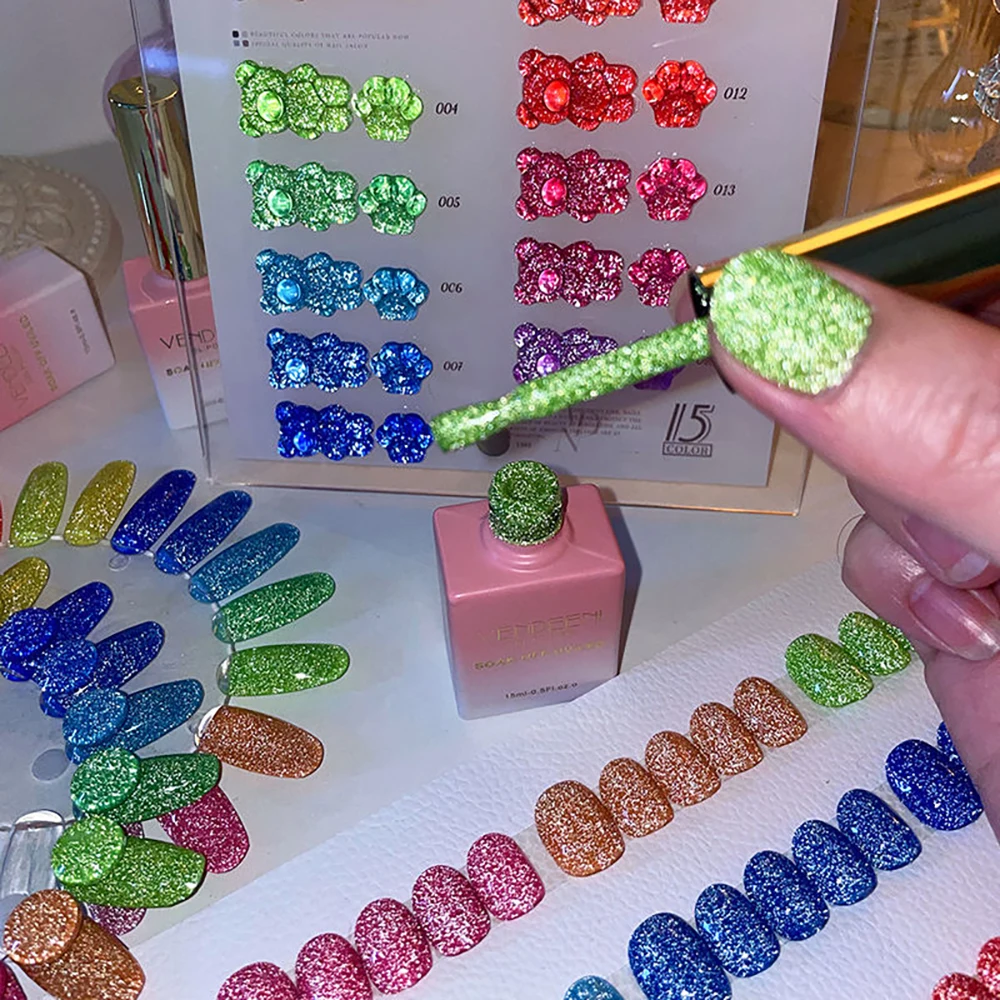Vendeeni 15 Farben Fluoreszenz-Flash-Broken-Diamond-Gel-Nagellack TPO HEMA-FREI Glitzer UV Soak-Off Gel-Lack mit Display – Detail 10