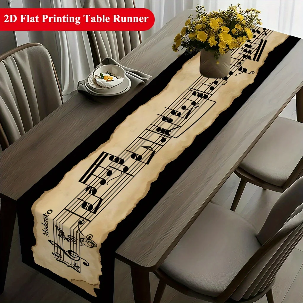 Musical Notes Table Runner - 1PC 2D Flat Print Retro Melodic Rhythm Pattern Cover for Dining Table TV Stand Decor