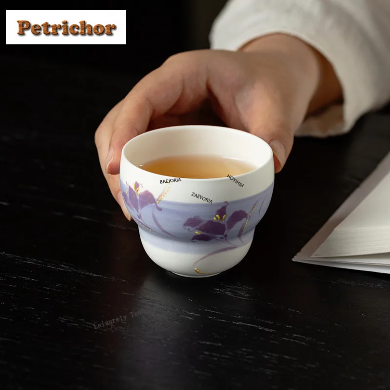 100ml Hand-painted Purple Iris Flowers Teacup Japanese Tea Bowl Jug Tea-tasting Smelling Cup Chazhan Master Cups Tableware Craft