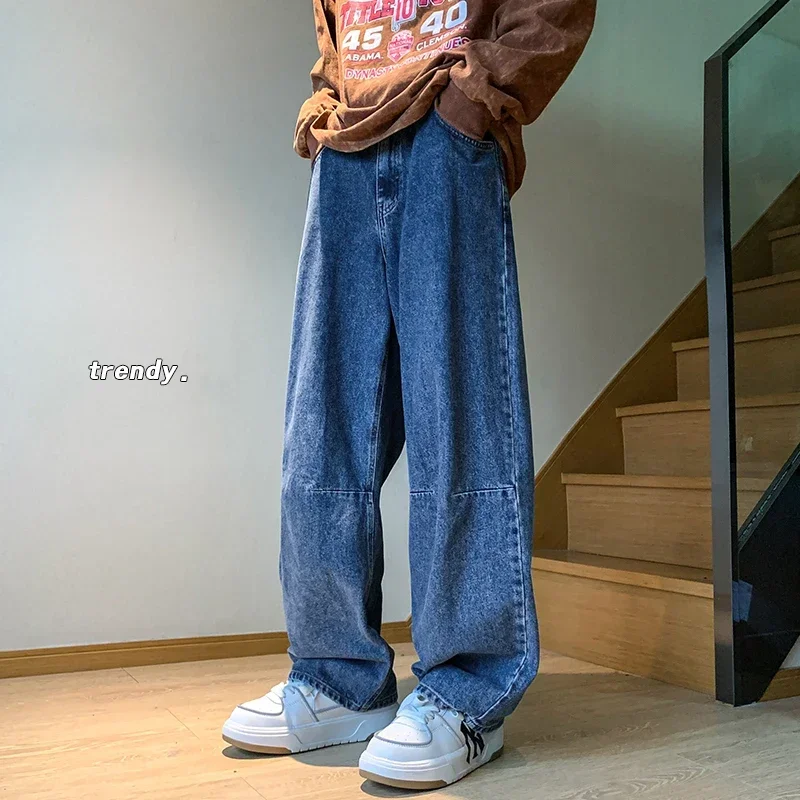 

2023 Autumn New Blue Loose Jeans Korean Fashion Straight Baggy Wide Leg Trousers Vintage Streetwear Hip Hop Pants Plus Size 5XL