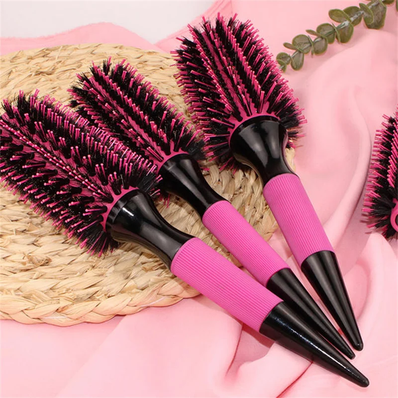 Professionelle 1/6-teilige Rosa Wildschweinborsten-Haarbürste Runde Holz-Haarbürste mit Nylon-Mischborsten Friseur-Styling-Werkzeug – Detail 2