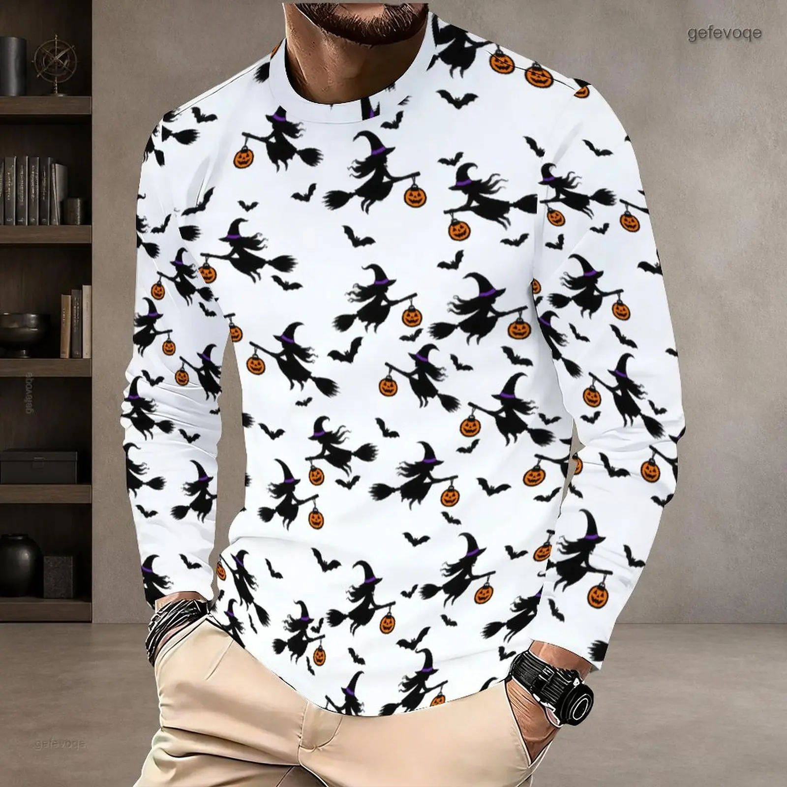 Men Round Neck Long Sleeve Pullover Straight Hem Printed T Shirt
