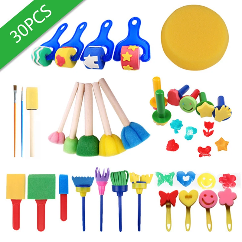 30pcs Kids Painting Sponge Stamps Set DIY Early Education Art Tools with Roller and Brush for Toddlers