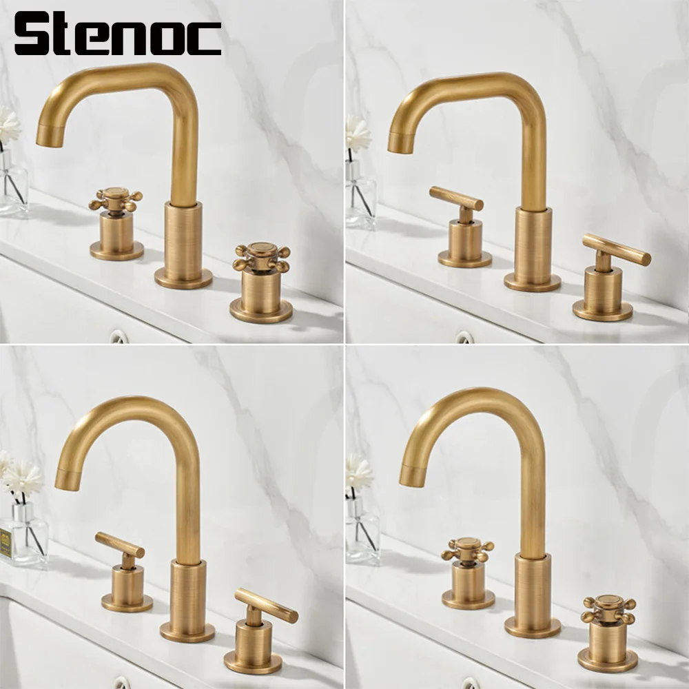 Antique Brushed Bathroom Faucet Total Brass Basin Faucet Widespread Sink Faucets 3 Hole Double Handles Hot And Cold Water Faucet