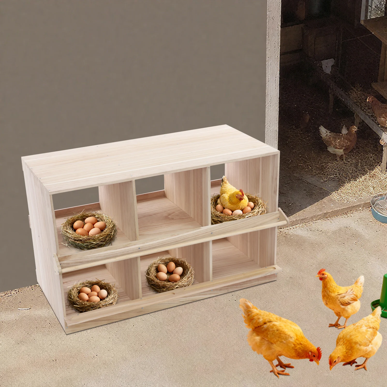 

Log-colored Wood 94x44x58cm 6 Lattice Hen's Nest Box Double-layer Egg Box Domestic Hen's Nest Egg Box