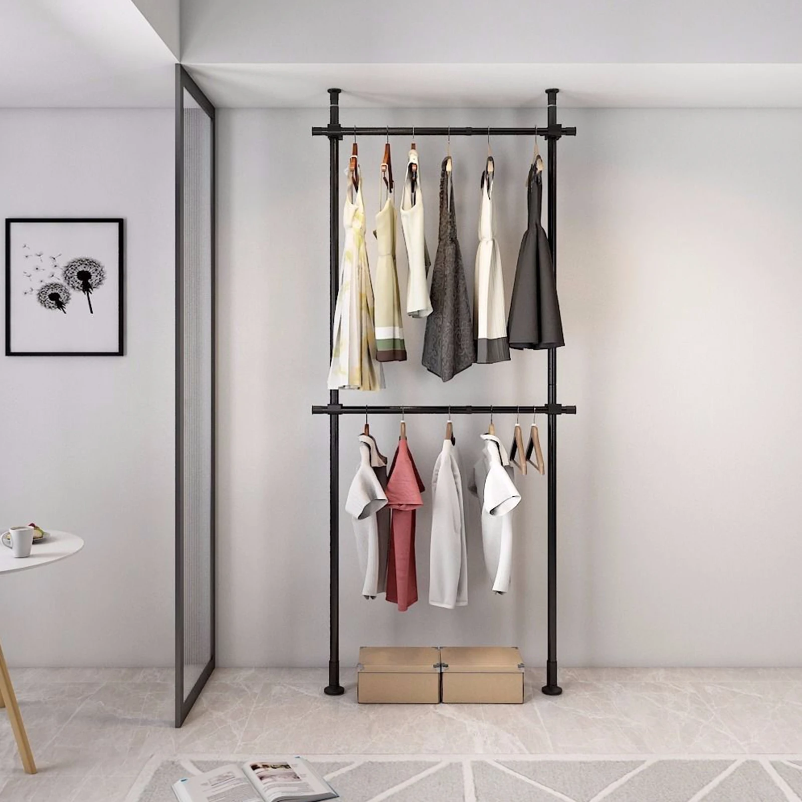 

2 Tiers Heavy-duty Clothes Storage System, Adjustable Coat Rack Closet Organizer, Floor Ceiling Laundry Drying Rack