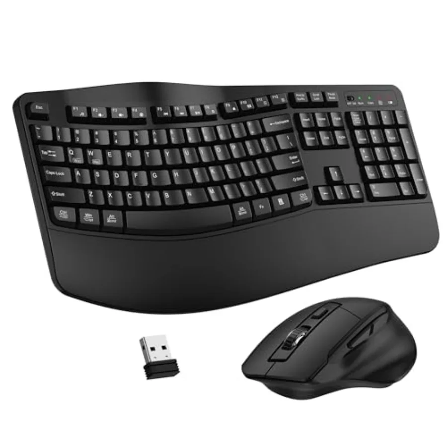 

Wireless Keyboard and Mouse Combo 2.4G Full Size Wave Keys Ergonomic Keyboard with Wrist Rest and 3-Level DPI Adjustable Wirele