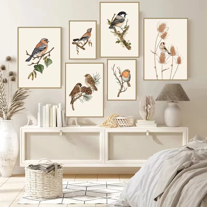 Vintage Goldfinch Landscape Bird Flower Wall Art Canvas Painting Nordic Posters Prints Wall Pictures for Living Room Decor