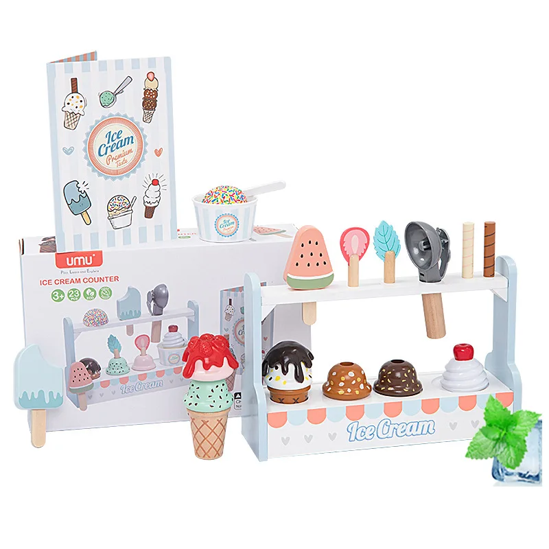 Wooden Play House Children's Simulation Ice Cream Counter Maker Cake Cone Dinner Food Miniatures Kitchen Game for Girls Toy Set