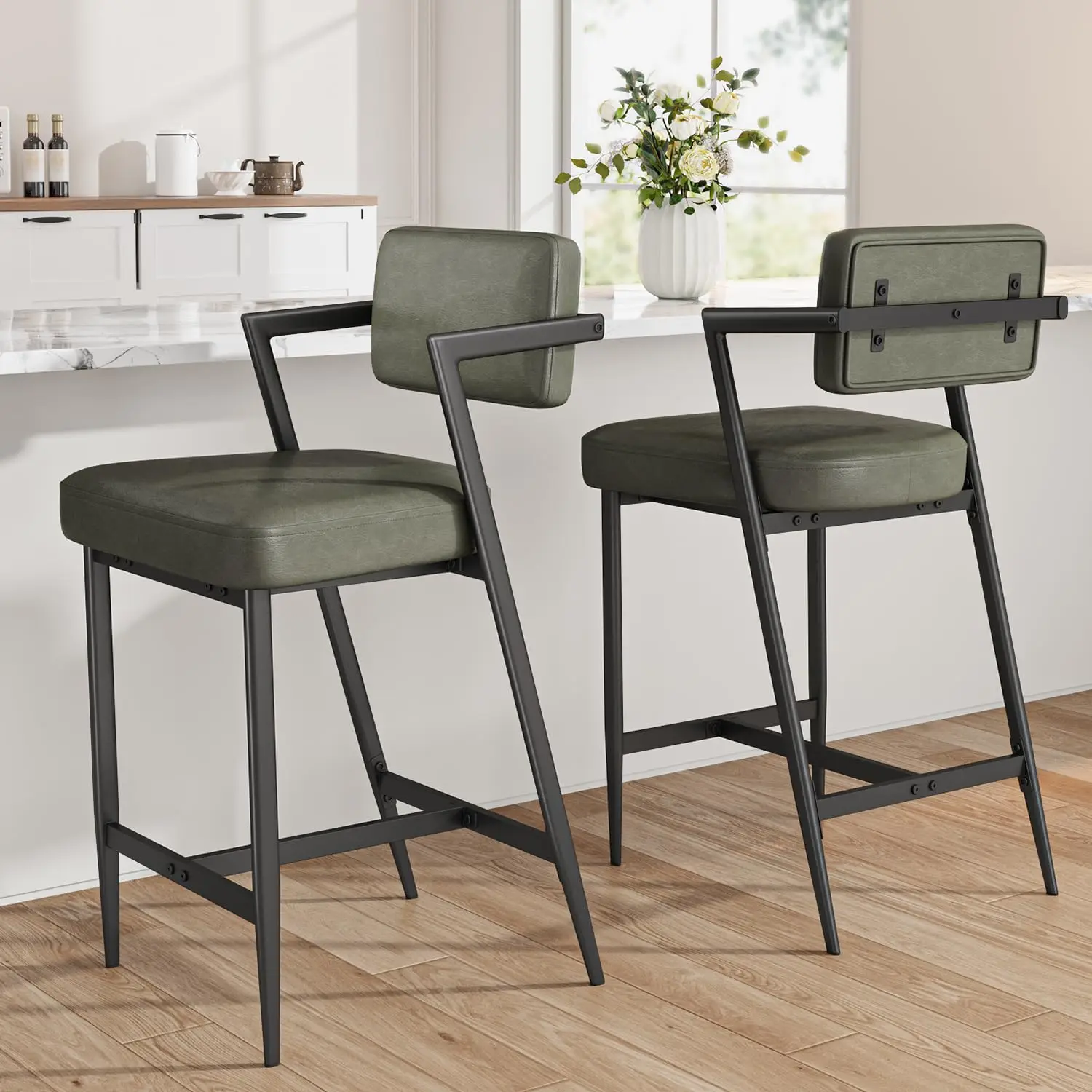 Counter Height Bar Stools Set Of 4 With Armrests Backrest Footrest Thick Cushion Metal Legs For Kitchen Island, Customized