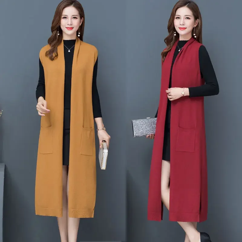 Women Autumn Winter Solid Color Pocket Windbreaker Female Long Trench Vests Outerwear Ladies Clothing Cardigan Waistcoat A49