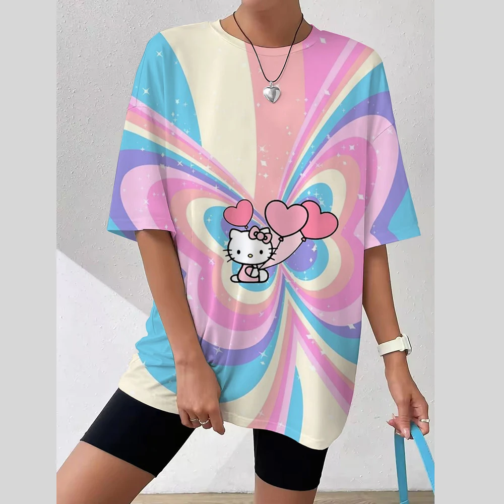 T-shirt da donna Moda Hello Kitty Modello Stampa Top Manica corta T-shirt da donna Estate Casual O-Collo T-shirt Abbigliamento femminile