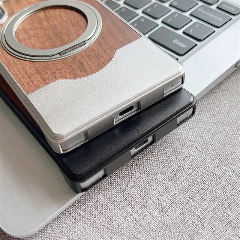 Magnetic Push-Pull 360 Rotate Bracket Metal Phone Case For Samsung Galaxy S23 S24 S25 Ultra Magsafe Walnut Wood Shockproof Cover