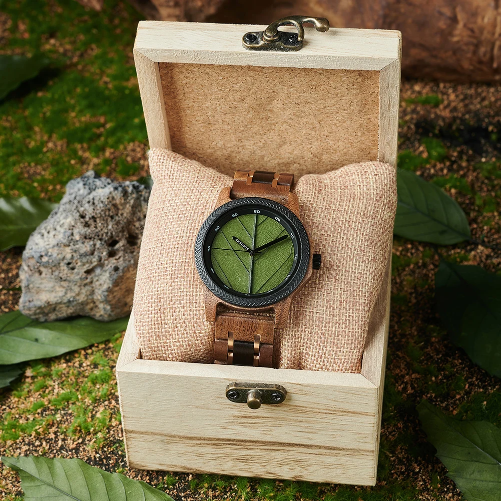 Men\'s Wood Watch with Genuine Leaf, BOBO BIRD Watch, Leaves Face Original Wooden Clock, Engraved Watch, Anniversary Custom Gift