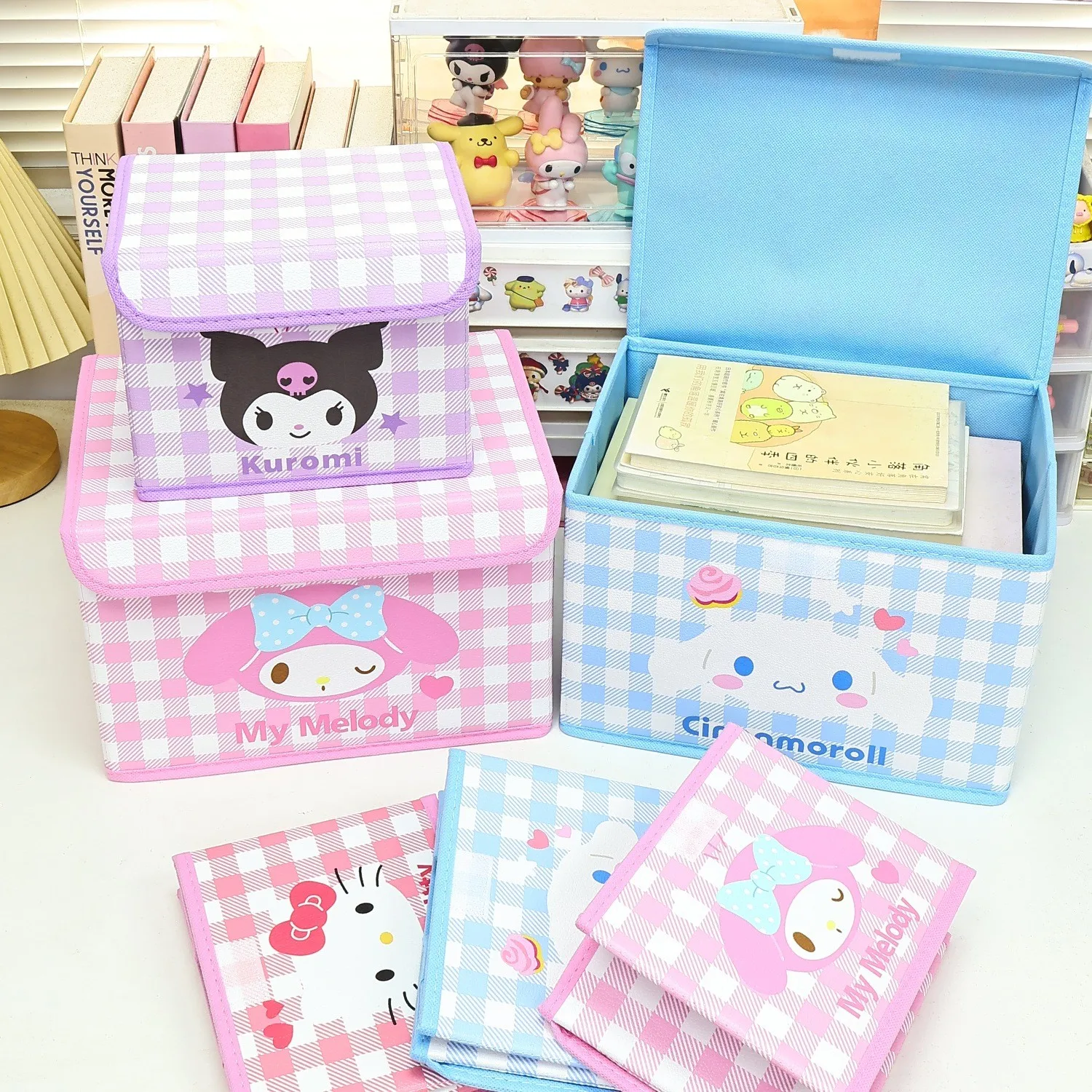 Caja de Almacenamiento de Escritorio con Diseño de Cuadros Sanrio, Organizador de Escritorio con Diseño de Kuromi, My Melody, Hello Kitty y Cinnamoroll, Caja para Cosméticos, Papelería y Artículos Diversos