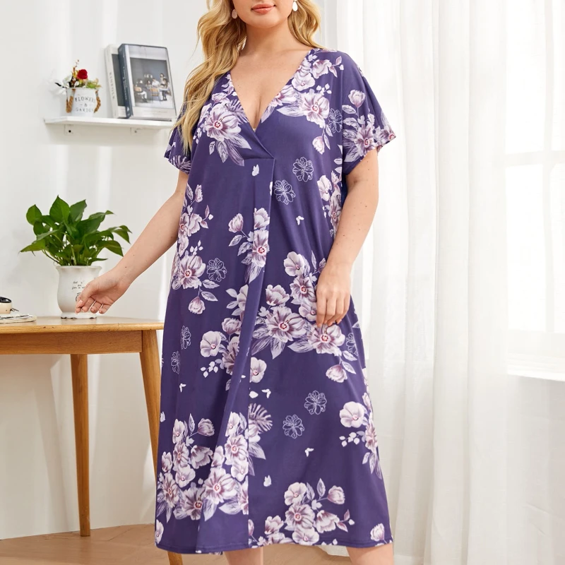 

Krismile Plus Size Women's Nightgown 2025 Summer Purple Printing Nightdress Loose Fit V Neck Comfort Breathable Pajama Homewear