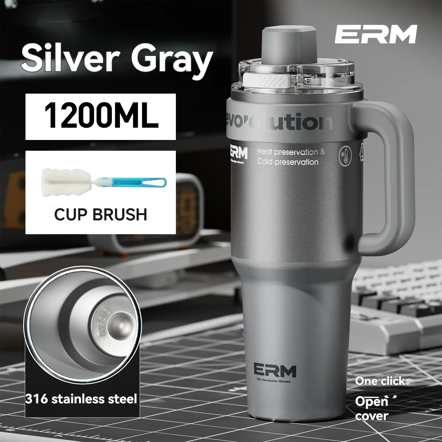 1200ML Extra Großer Keramik-Trinkbecher Edelstahl-Wasserflasche Isolierte Vakuumflasche mit Strohhalm & Griff Auslaufsicher
