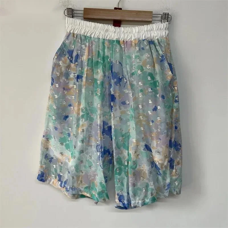 Silver Spray Paint Floral Print Casual Shorts Men Elastic Waist Loose Lightweight Breathable Summer Streetwear VFVR5