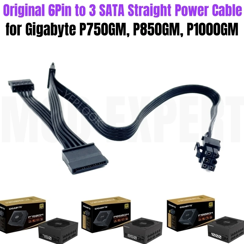 

6Pin to 3 SATA Straight HDD SSD Power Supply Cable for Gigabyte GP-P750GM, P850GM, P1000GM Gold Power Supply Unit PSU 18AWG