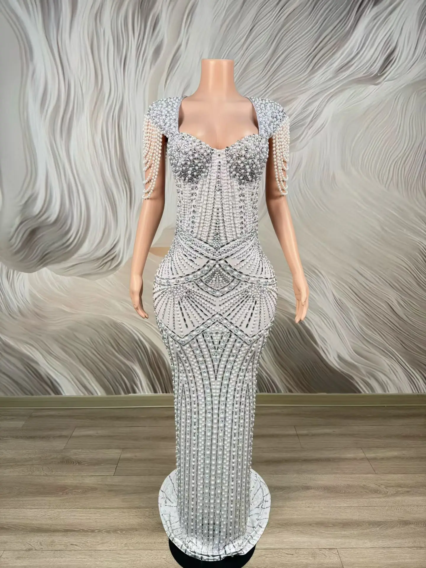 

Shengmu Luxury Women Square Neck Evening Gown White Pearl Chain Dress Bespoke Occasion Dress Wedding Birthday Cocktail Prom Gown