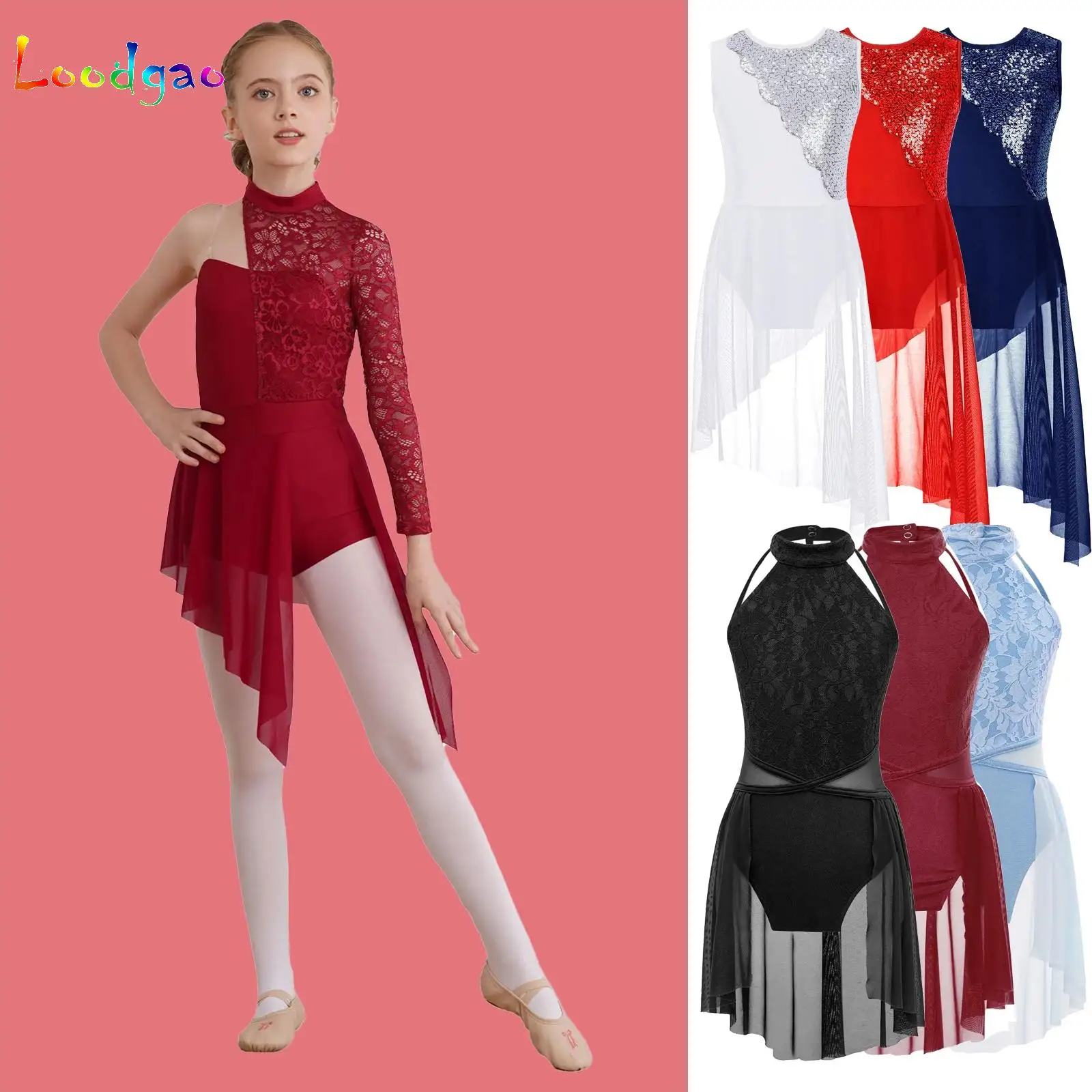 Kids Girls Lyrical Dance Dress Stage Performance Costume Half Floral Lace Bodice Asymmetrical Hem Boyshorts One-Piece Jumpsuit